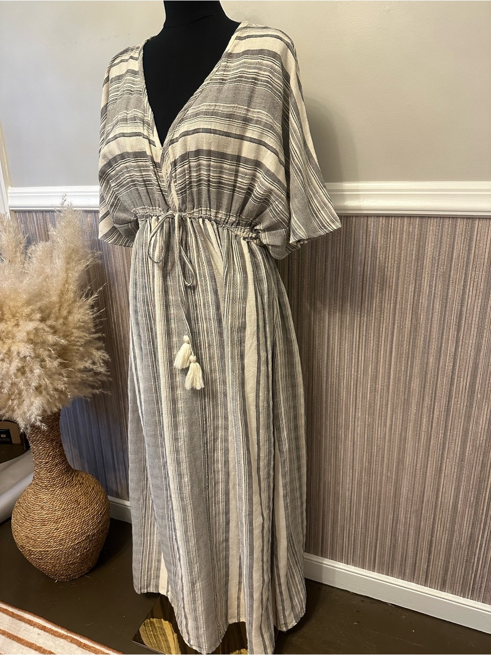 World Market Boho Striped Maxi Dress Tassel Tie Cotton L/XL - Picture 3 of 12